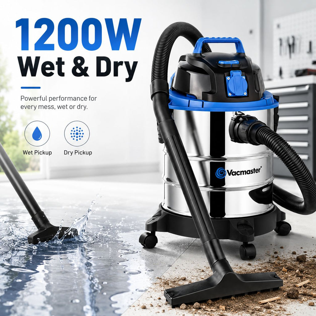 Vacmaster VQ1220SC Aspirateur Eau et Poussière 20 L, Moteur 1250 W, Aspiration 20 kPa, Prise pour Outils Électriques 2430 W, Fonction Soufflerie et Cuve Inox, pour Maison, Garage et Atelier