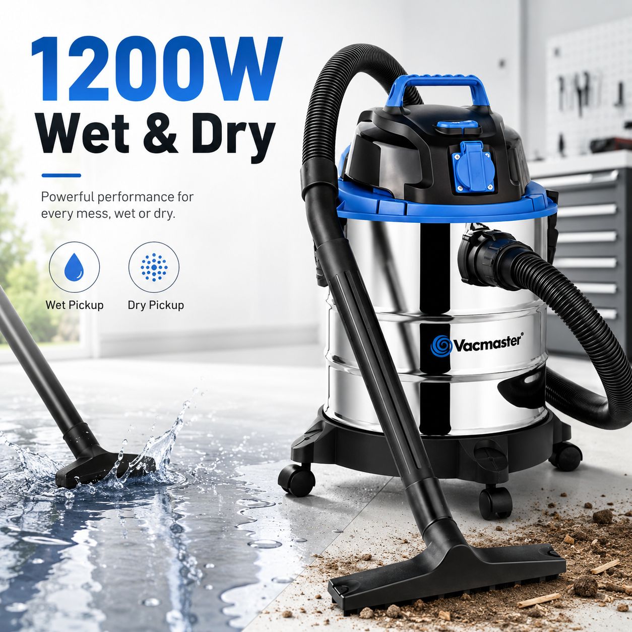 Vacmaster VQ1220SC Aspirateur Eau et Poussière 20 L, Moteur 1250 W, Aspiration 20 kPa, Prise pour Outils Électriques 2430 W, Fonction Soufflerie et Cuve Inox, pour Maison, Garage et Atelier