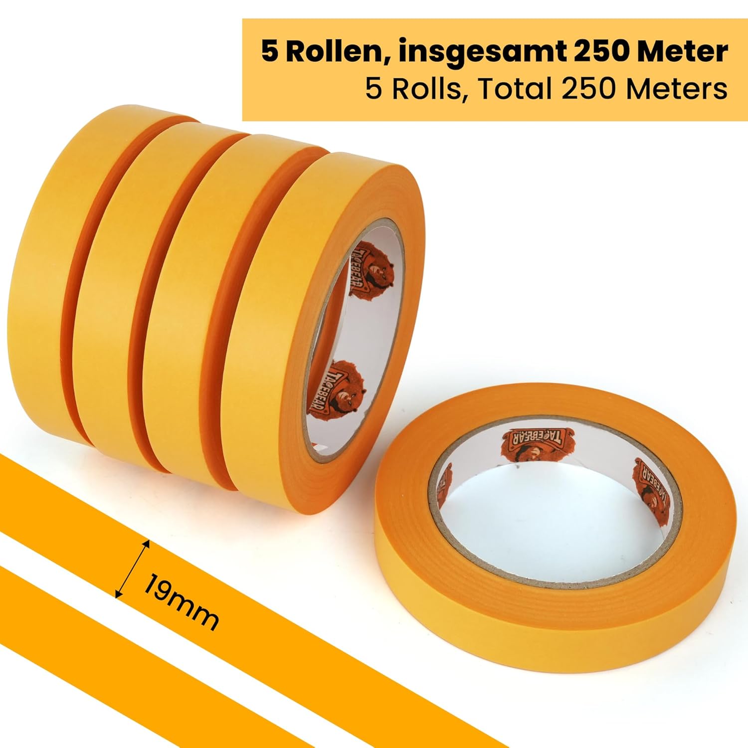 TAPEBEAR Ruban de peintre doré résistant aux UV, 19 mm x 50 m, 5 rouleaux, ruban de masquage professionnel en papier washi pour peinture