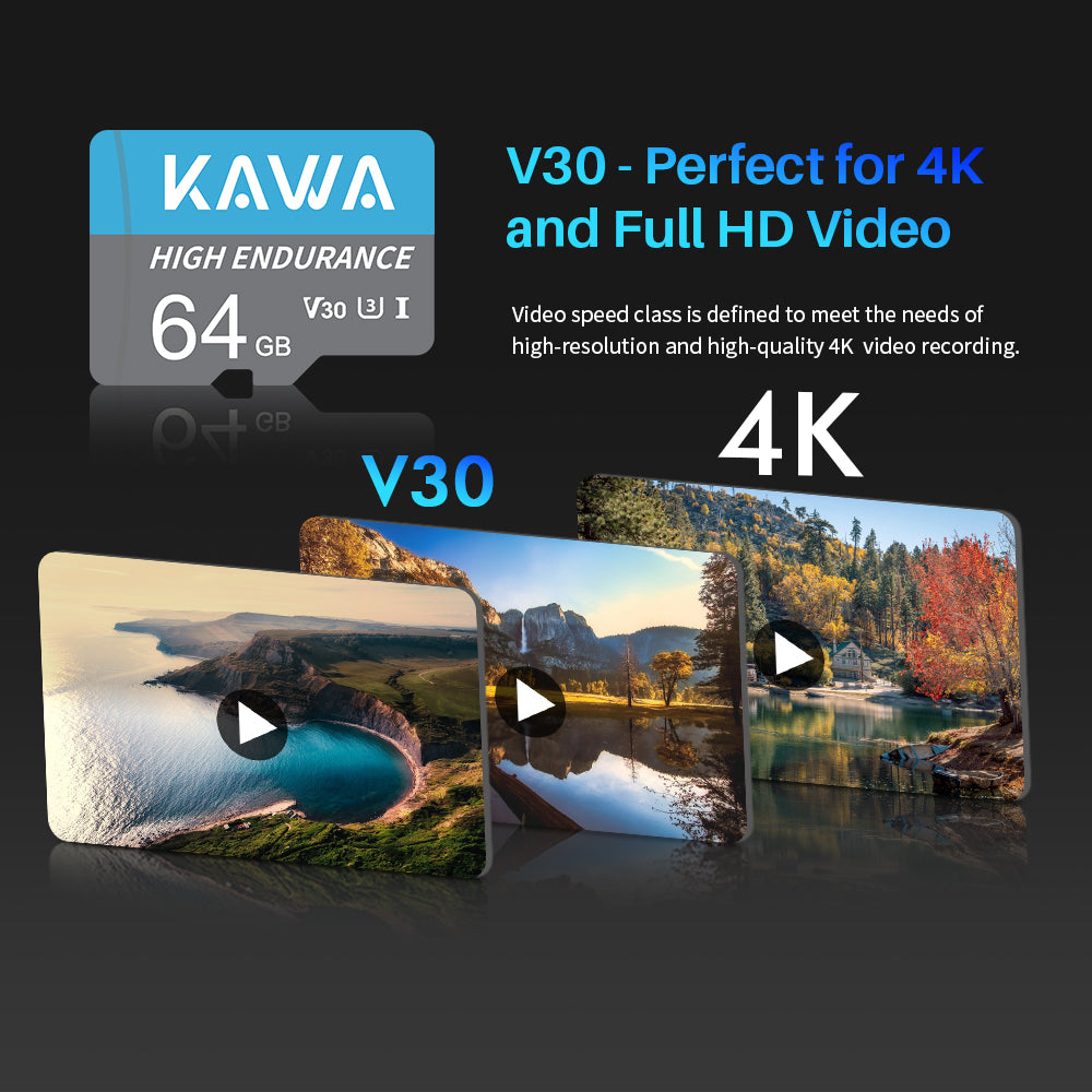 KAWA Carte Micro SD 64 Go, Carte de surveillance vidéo haute endurance, Carte mémoire flash microSDXC, A1, U3, Classe 10, V30, Carte TF haute vitesse pour Dashcam, caméra de sécurité