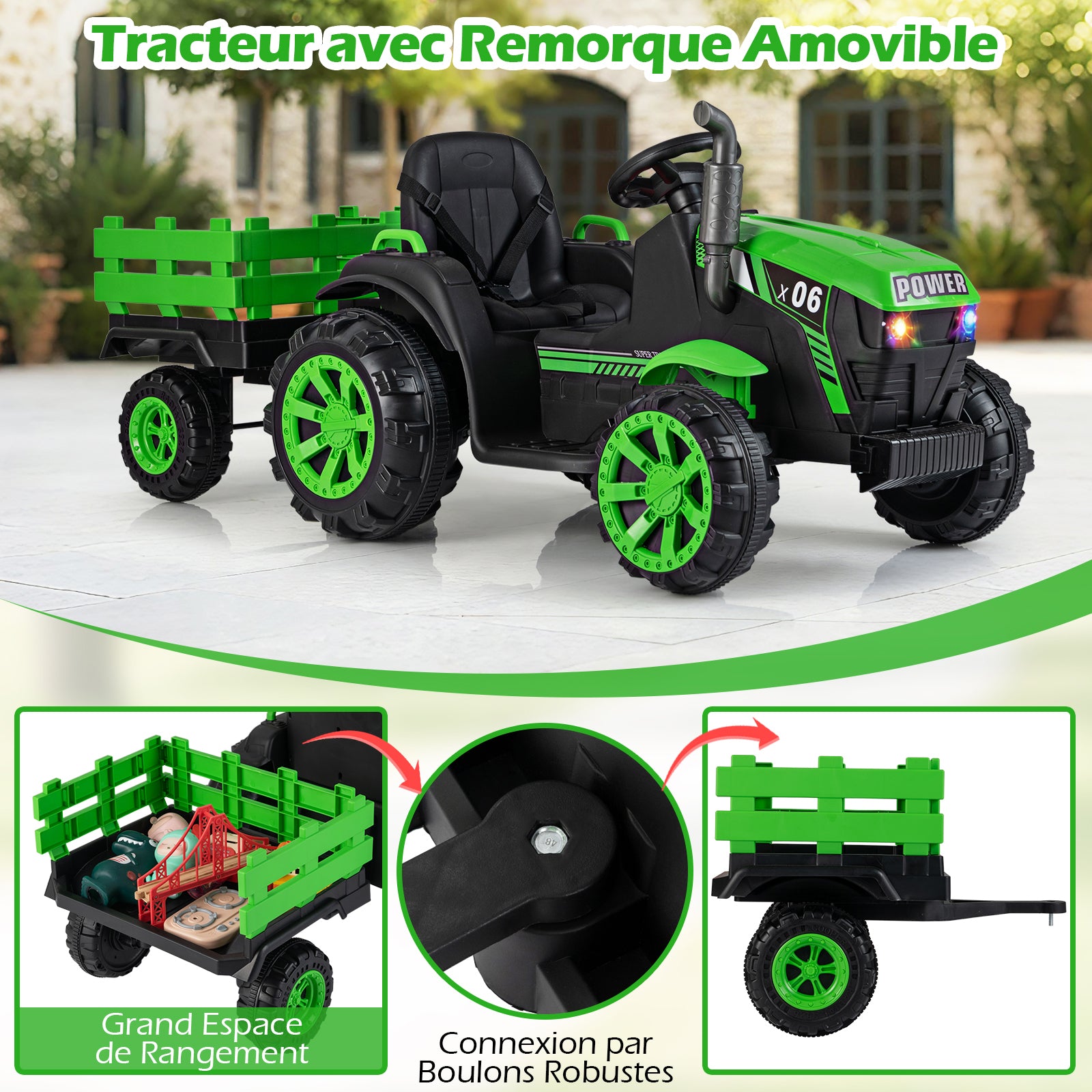 Costway Tracteur électrique pour enfants 24 V avec phares LED RVB, Musique et port USB, Remorque de tracteur électrique et télécommande parentale, Vert