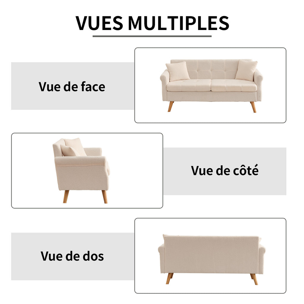 HONEYOU 164 cm Canapé de Salon Moderne Mid-Century, Petit Canapé Rembourré à Boutons Tuftés pour Salon & Chambre, Peluche à Poils Courts, Beige