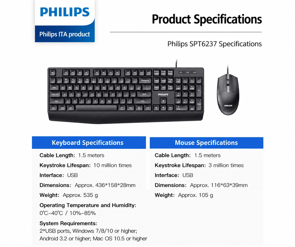 PHILIPS Pack clavier et souris filaire, Série 2000, SPT6237B/19, Version française, Noir