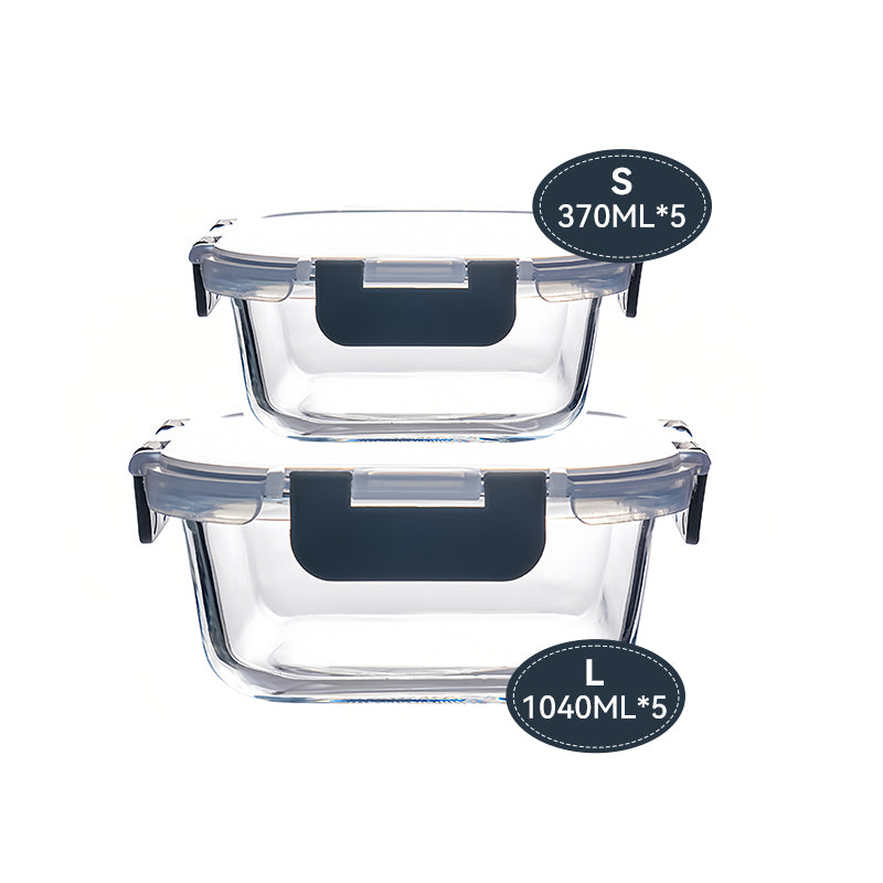 JORDAN&JUDY Lot de 10 contenants alimentaires noirs à fermeture à clip, Verre à haute teneur en borosilicate (1040 ml x 5 + 370 ml x 5), Couvercles hermétiques, Lot de boîtes repas de bureau