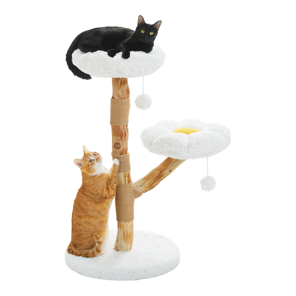 PAWZ Road Arbre à chat fleuri en bois et griffoir 50 cm Bois naturel Blanc nuage