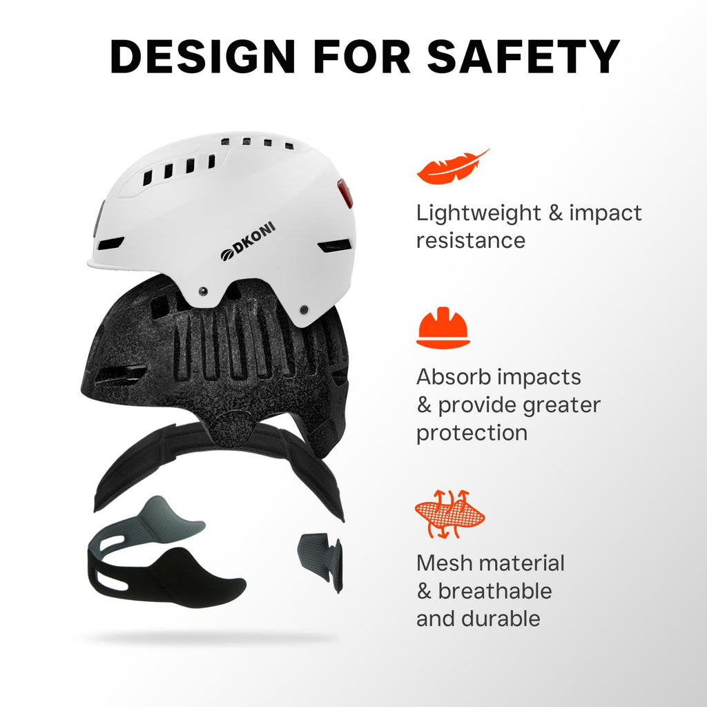 DKONI HS-158 Casque de vélo adulte rechargeable USB avec éclairage avant et arrière Pour hommes et femmes Blanc S 48-55 cm