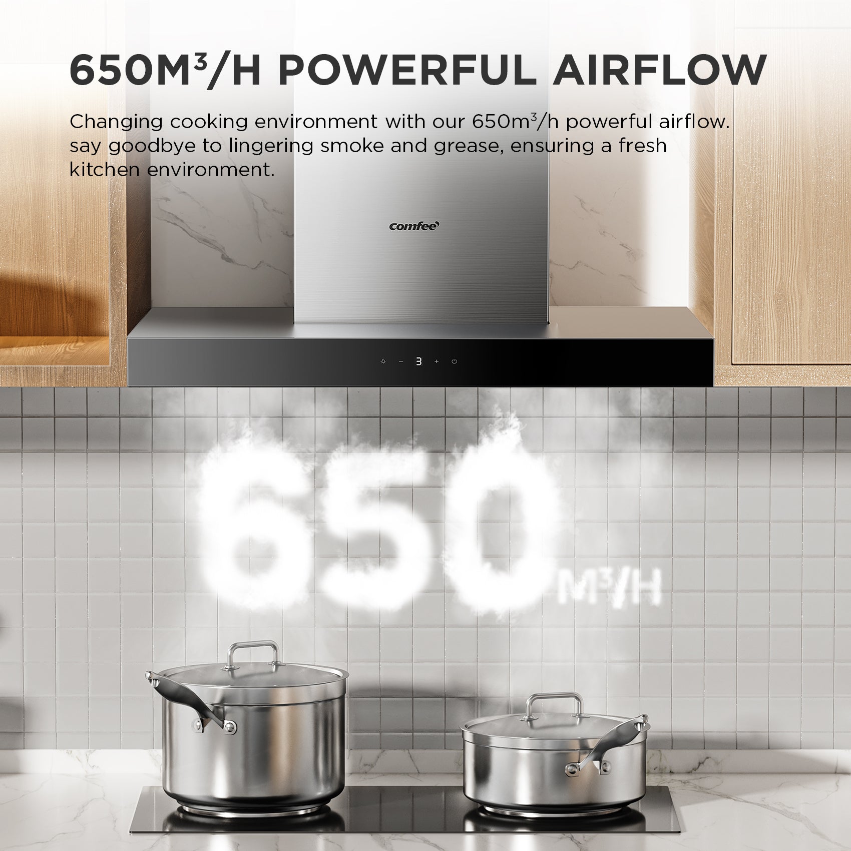Comfee' Hotte aspirante en T 60 cm, 650 m³/h, A+++, acier inoxydable, commande gestuelle et tactile, éclairage LED, filtre 5 couches, recyclage et évacuation, TSHM77SS-60