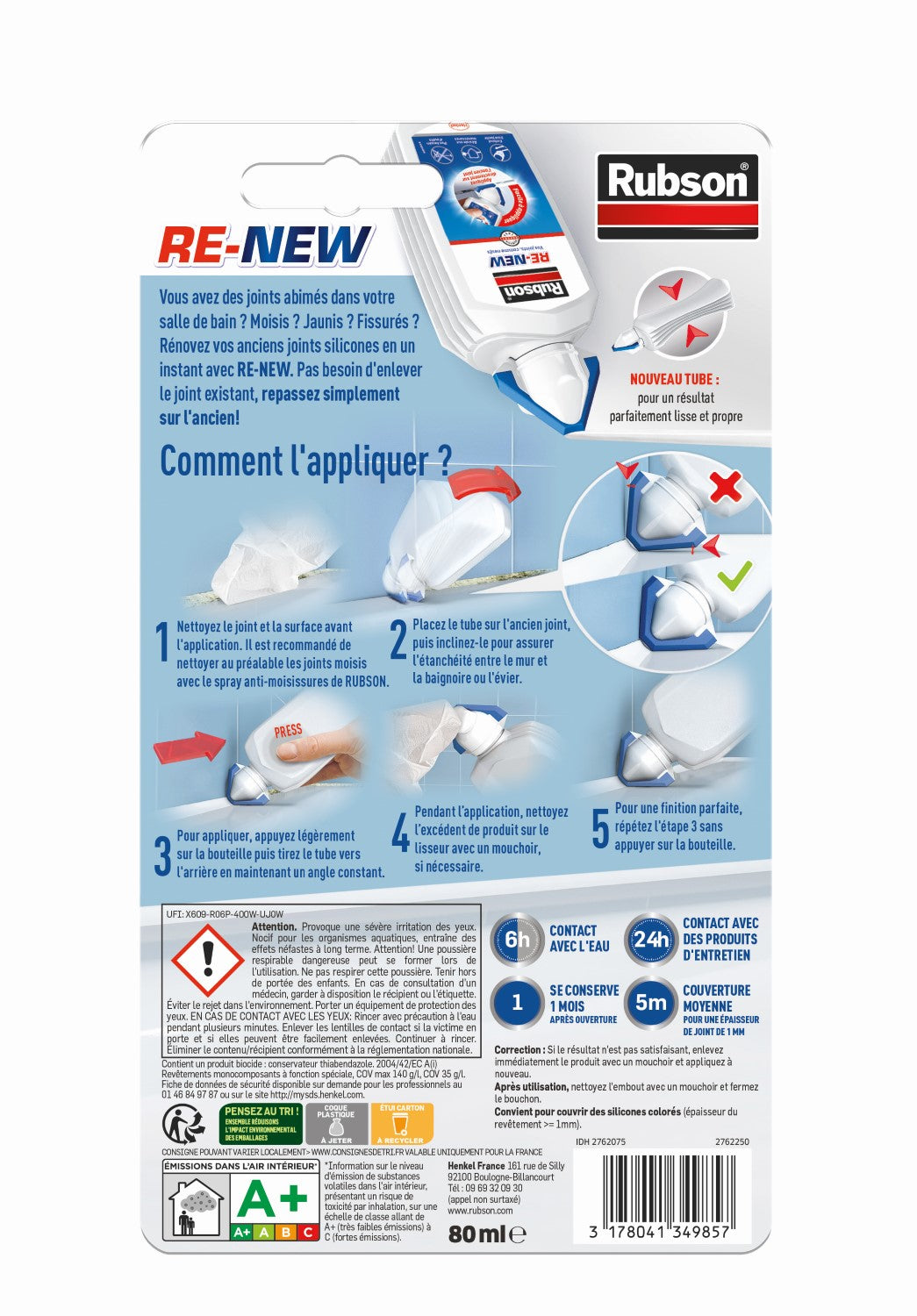 Rubson – Re-New Blanc (1 x 80ml) – Mastic sanitaire blanc à base de silicone, s'applique sur le joint déjà existant – Mastic étanche & anti-moisissures