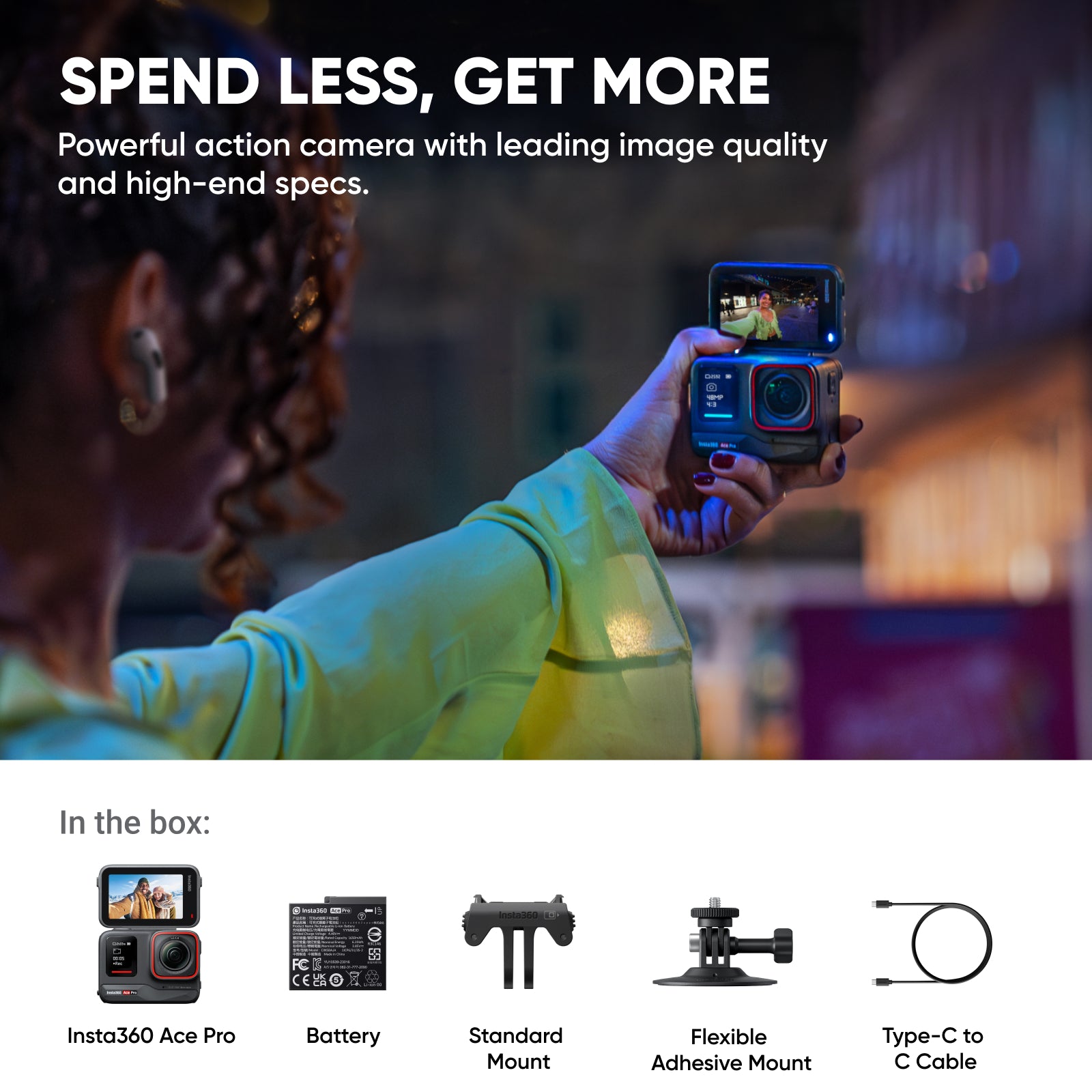 Insta360 Ace Pro - Caméra d’action étanche, co-développée avec Leica, capteur 1/1,3 po et réduction du bruit par IA pour une qualité d’image exceptionnelle, 4K120 ips, écran rabattable 2,4 po et fonctionnalités IA avancées