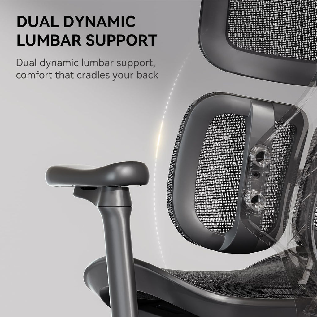 SIHOO Doro S100 Chaise de bureau ergonomique avec support lombaire dynamique double, dossier réglable 5 niveaux, accoudoirs 4D et inclinaison max. 135°, Noir