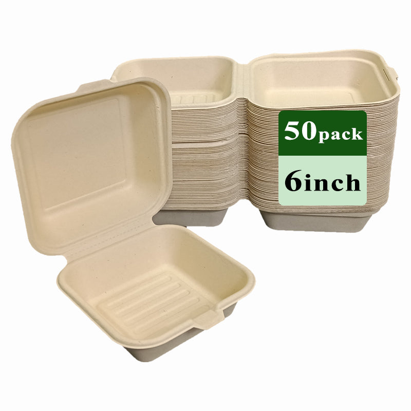 Rui bamboo Boîtes à clapet jetables en fibre de bambou 6 pouces Lot de 50