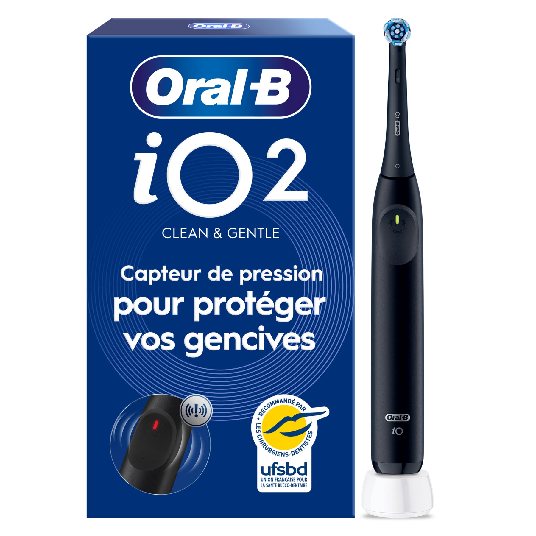 Oral-B iO2 Brosse à Dents Électrique Night Black – Protection Gencives avec Capteur de Pression Automatique, 3 Modes, Brossage Doux et Silencieux, Inclus 1 Brossette