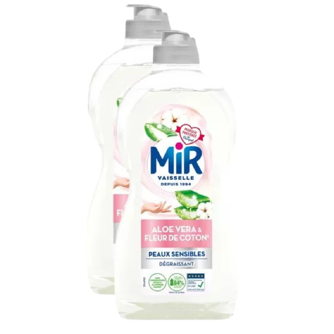 Mir Liquide Vaisselle Fleur de Coton & Aloe Vera, Peaux Sensibles, 2 x 450 ml (= 900 ml)