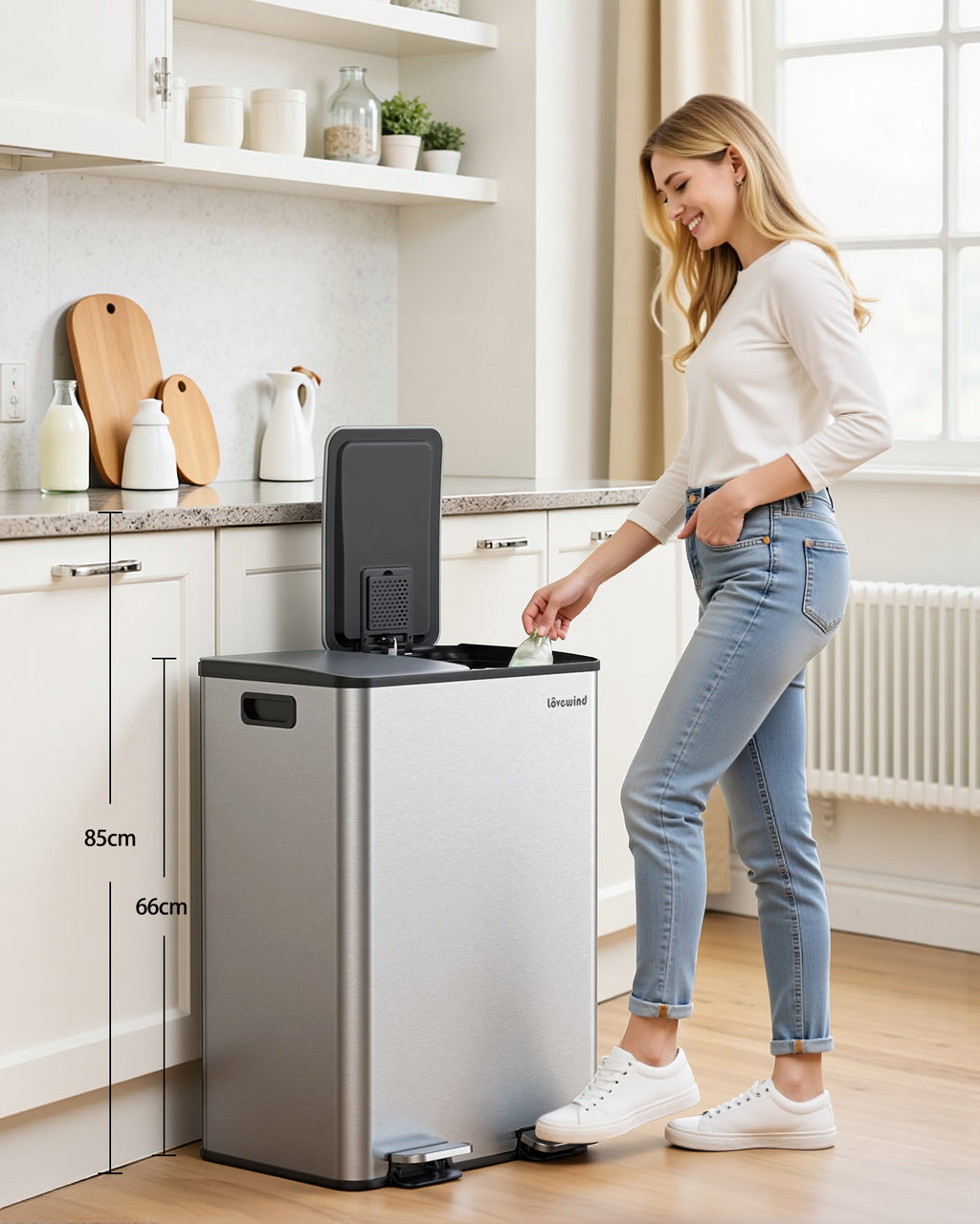 lovewind Poubelle de cuisine, 2 x 30 L, double poubelle pour recyclage et déchets, argenté, poubelle en acier inoxydable avec couvercle et seaux intérieurs, grande capacité