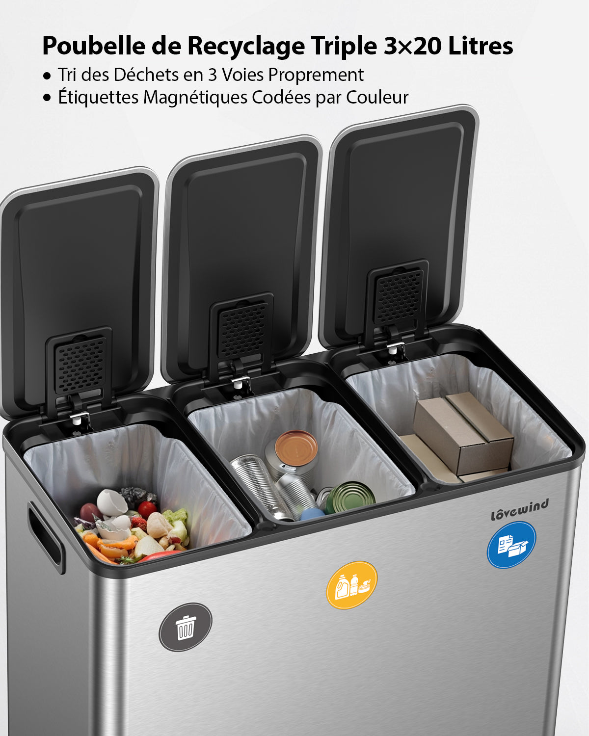 Poubelle de cuisine 60 L (3 x 20 L) en acier inoxydable, poubelle et bac de recyclage combinés avec couvercle à fermeture douce, poubelle à pédale à double compartiment pour recyclage, argenté