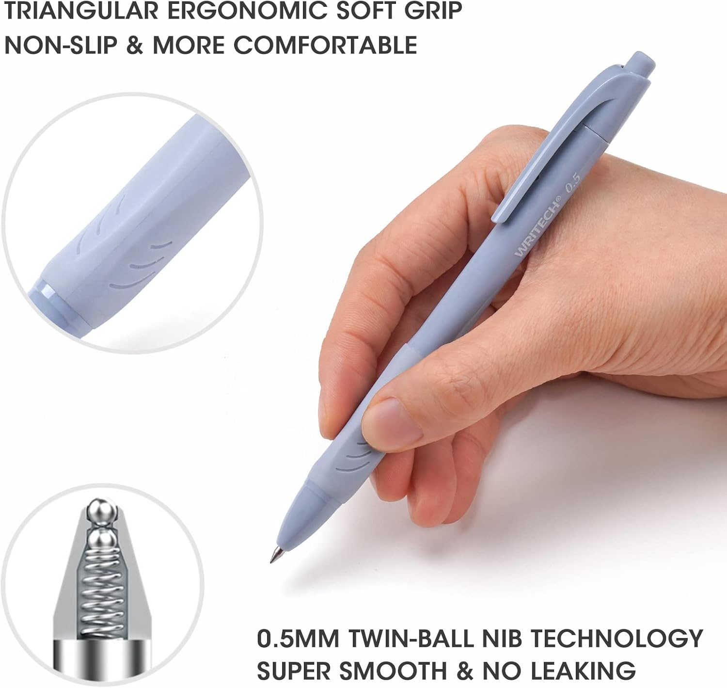 WRITECH Stylos gel 0,5 mm avec prise en main douce - Lot de 8 stylos rétractables à encre noire pour écriture fluide, sans bavure ni tache