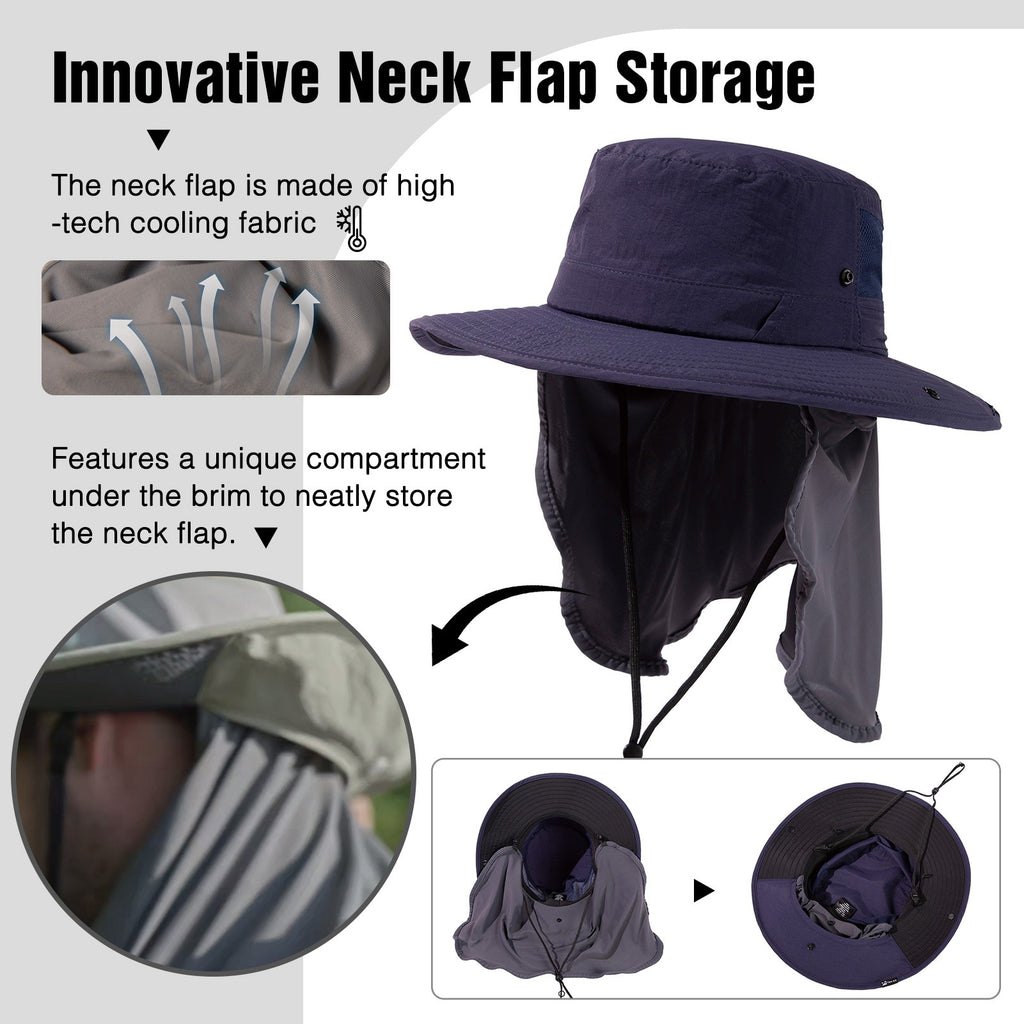 TOP-EX Chapeau de pêche pour homme avec protection UV, couvre-nuque à effet froid, emplacement pour lunettes, bords larges, taille M/L - Navy