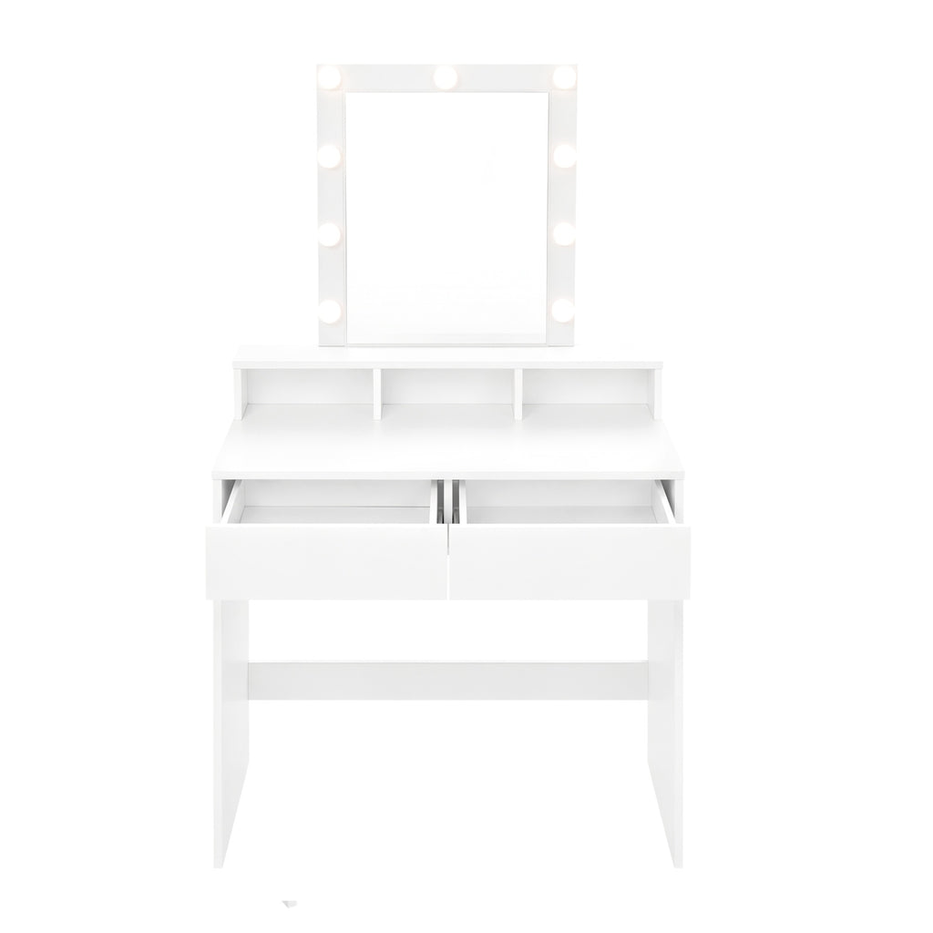 JOYFURNOS Coiffeuse avec Grand Miroir LED, 2 Tiroirs et 3 Compartiments, Coin Beauté, Style Moderne, Blanc