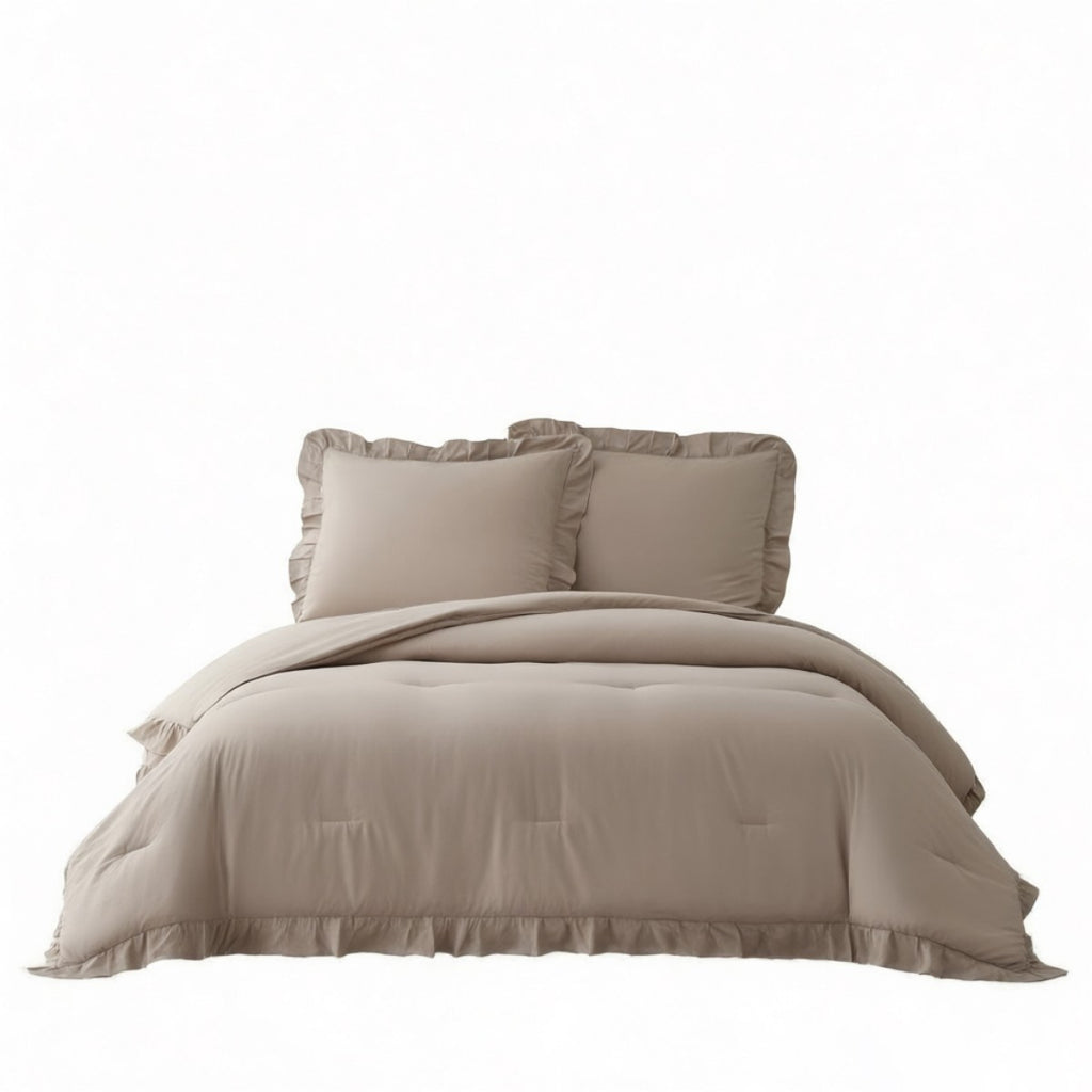 Meeallhome Parure de lit avec couette à volants vintage 200 x 220 cm / 80 x 80 cm x 2 Kaki