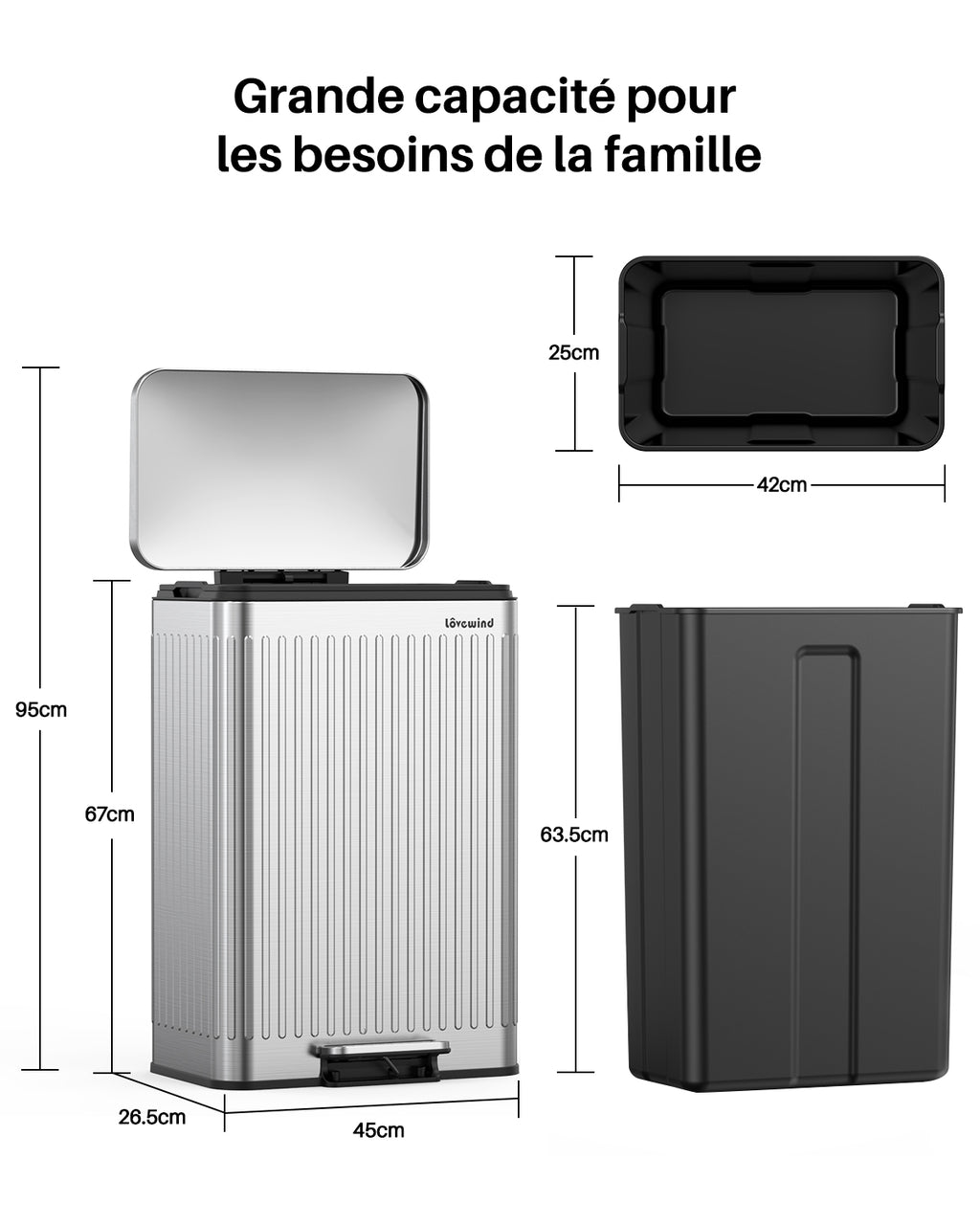 Poubelle en acier inoxydable 60 litres / 16 gallons avec couvercle à fermeture douce, grande poubelle à pédale avec texture romaine, seaux intérieurs amovibles