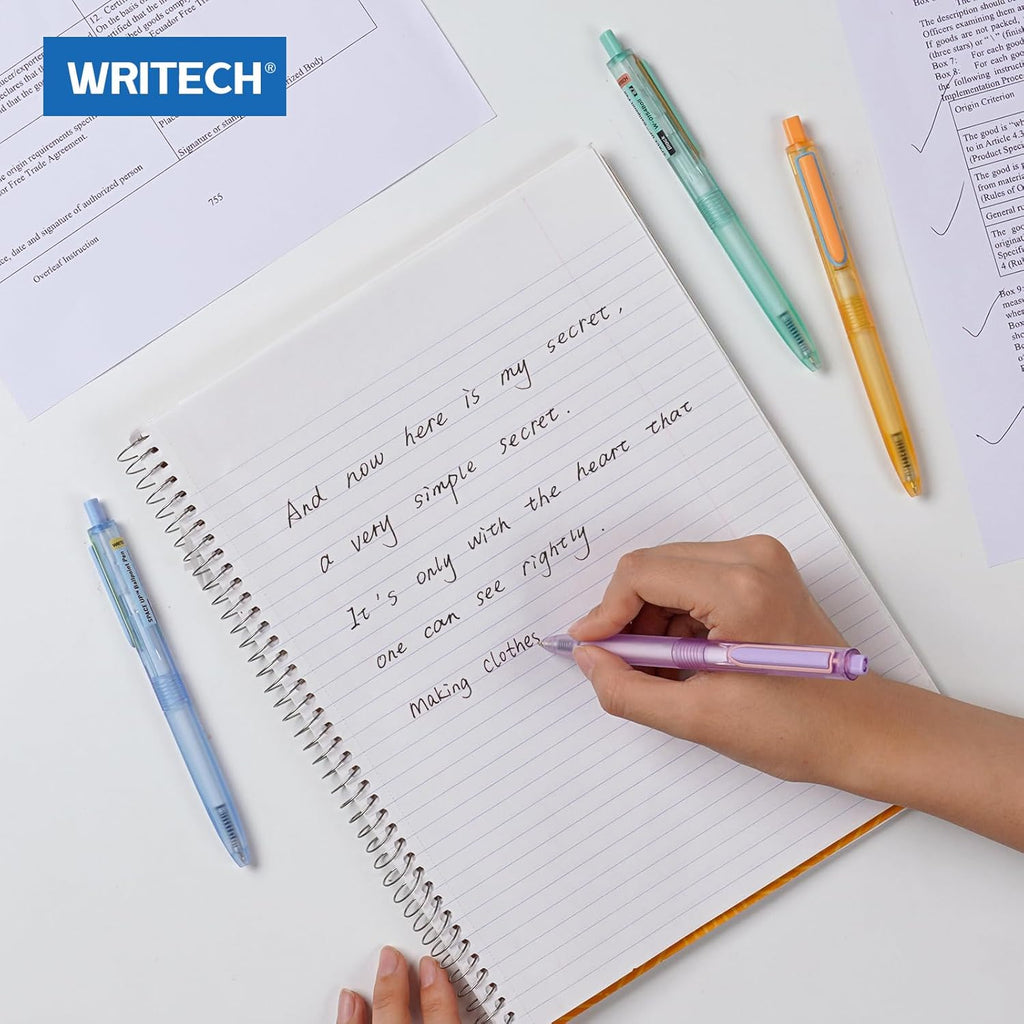 WRITECH Lot de 8 stylos à bille Space Up couleur pastel rétractables encre noire pointe fine 0,7 mm écriture ultra fluide encre à faible viscosité clic silencieux