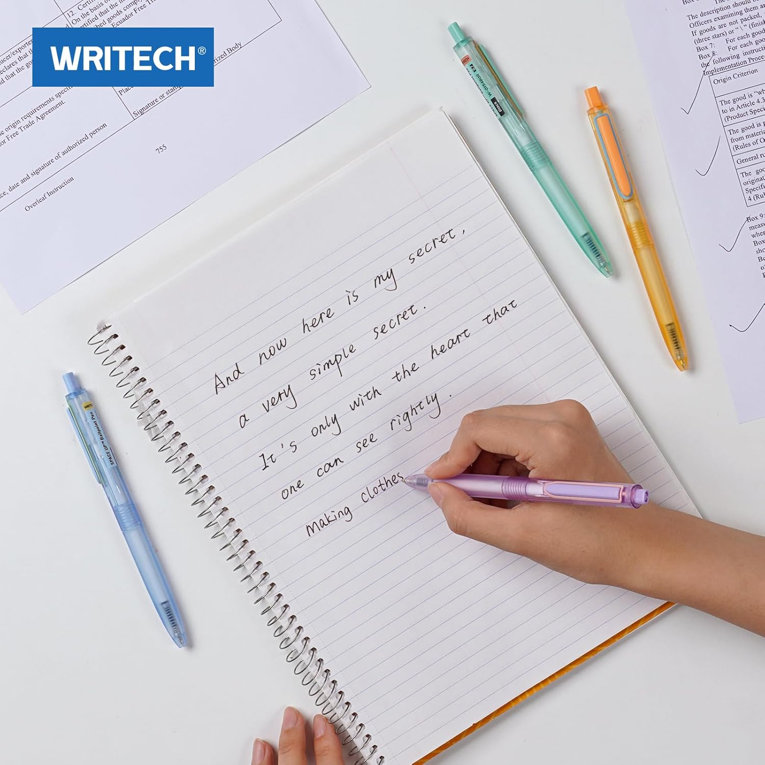 WRITECH Lot de 8 stylos à bille Space Up couleur pastel rétractables encre noire pointe fine 0,7 mm écriture ultra fluide encre à faible viscosité clic silencieux