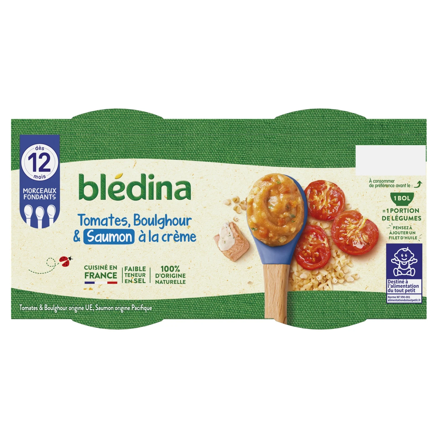 BLEDINA Repas pour bébé Tomate, boulgour de blé, saumon Dès 12 mois 2x200 g