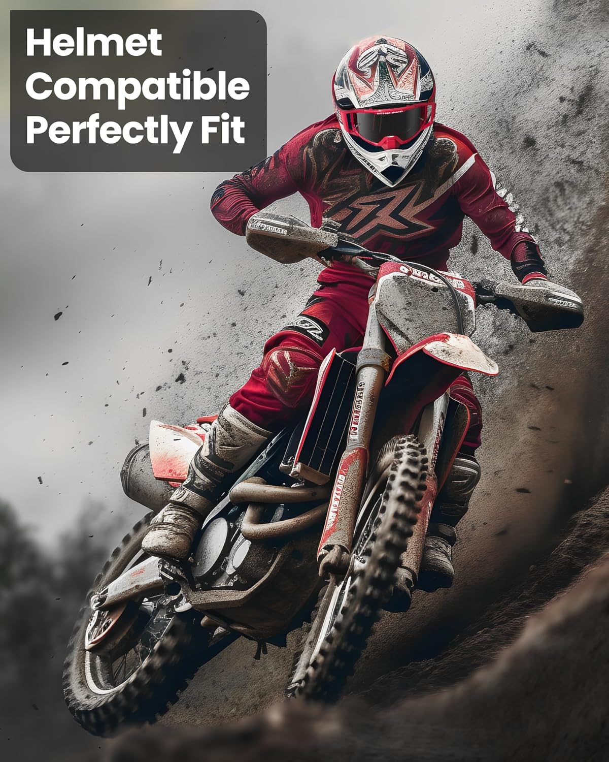 OutdoorMaster Mustang Lunettes OTG pour moto cross, pour hommes, femmes et adolescents, monture rouge, lentilles grises avec finition argent
