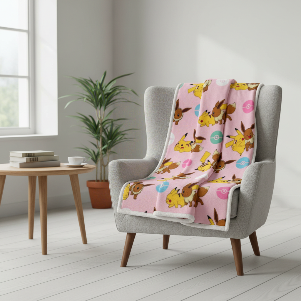 WT&T Plaid en sherpa Pokémon 100 x 150 cm - Pikachu & Évoli, Rotatif