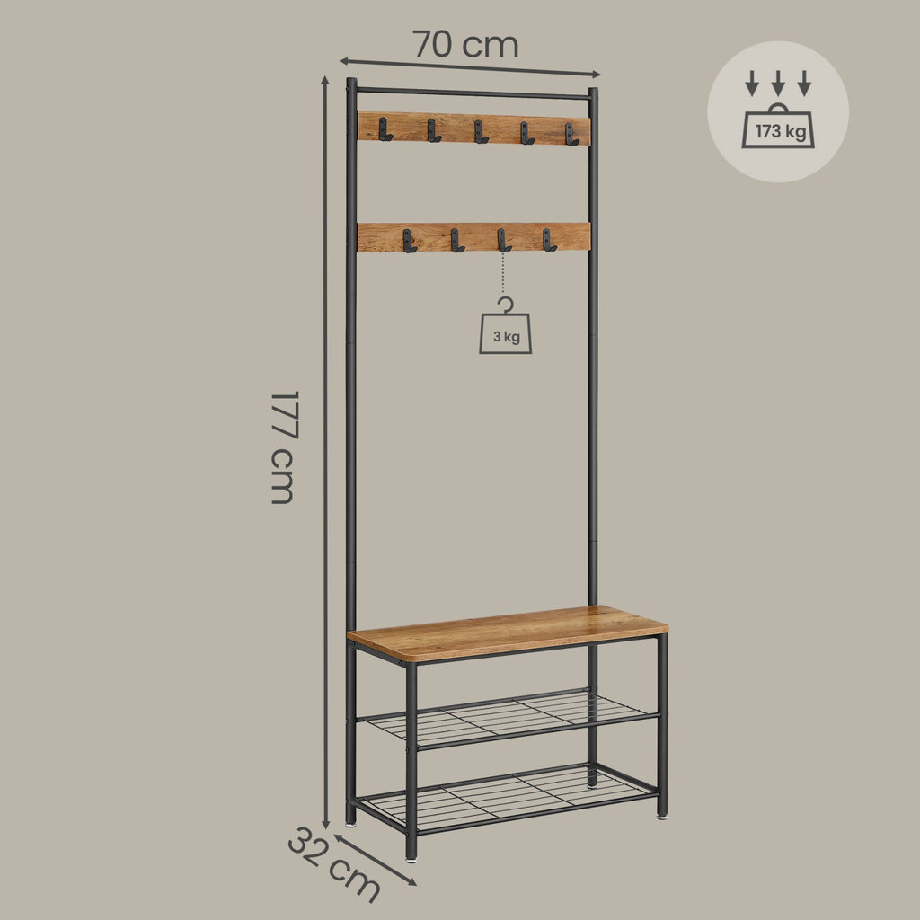 JOYFURNOS Portemanteau, 32 x 70 x 177 cm, Vestiaire avec Banc de Rangement pour Chaussures, Style Industriel, Marron et Noir