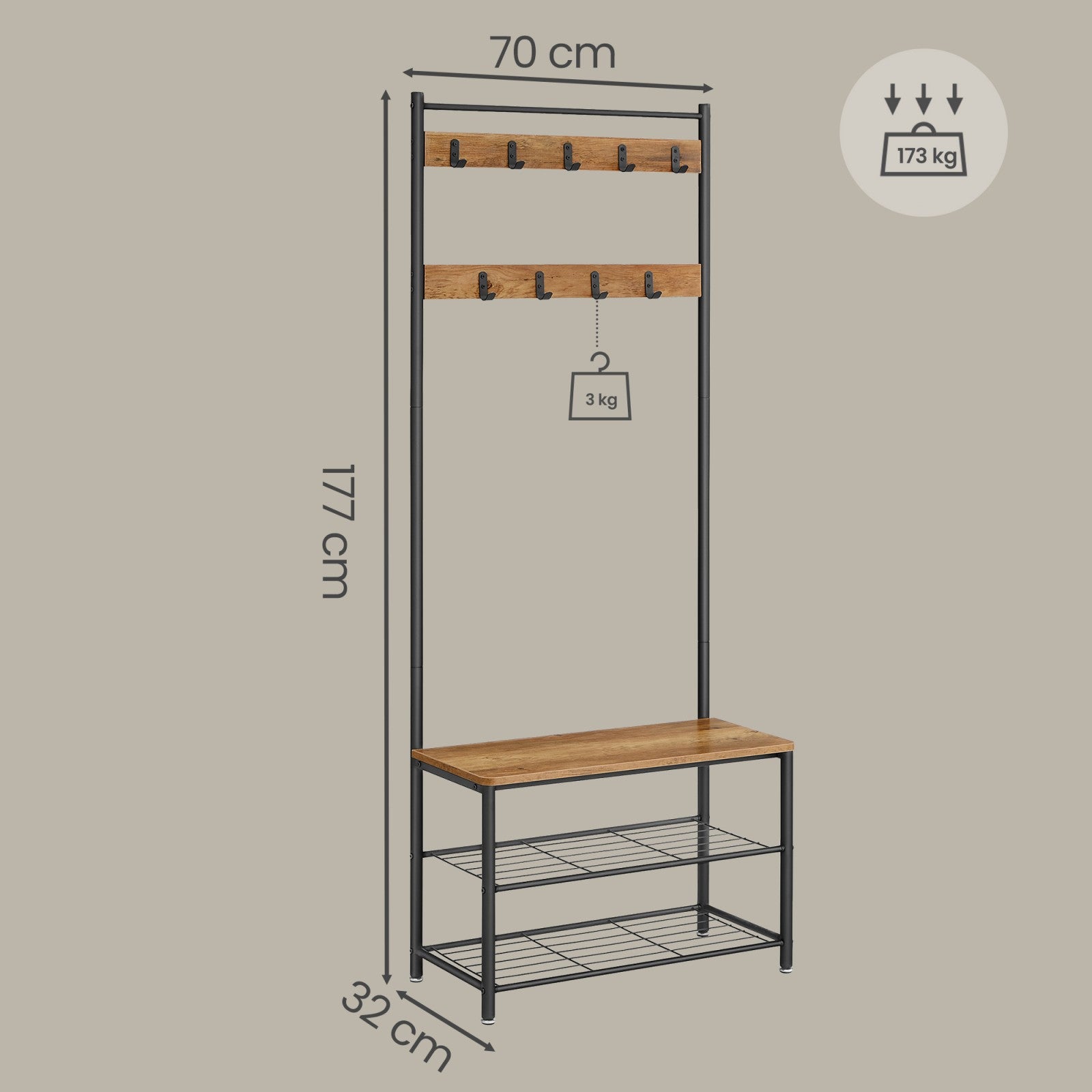 JOYFURNOS Portemanteau, 32 x 70 x 177 cm, Vestiaire avec Banc de Rangement pour Chaussures, Style Industriel, Marron et Noir