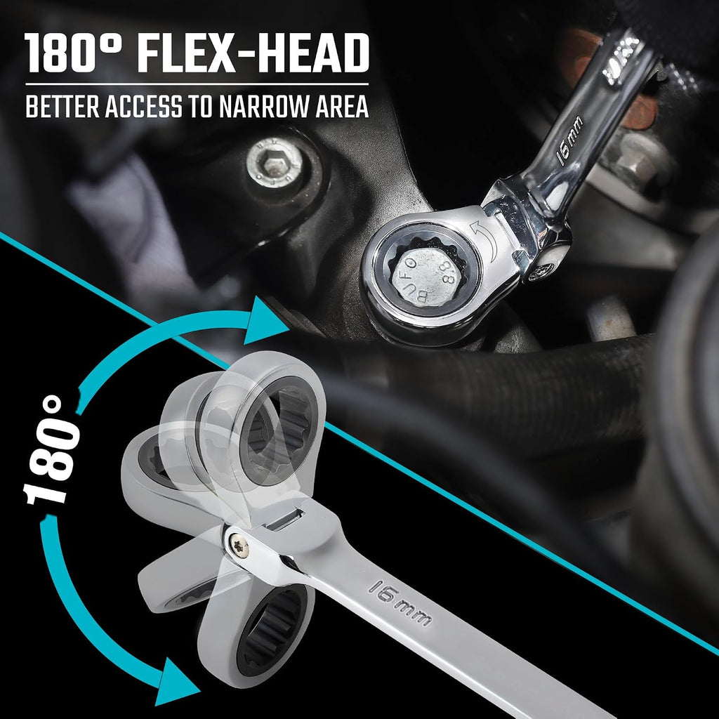 DURATECH Jeu de 12 clés à cliquet à tête flexible, 8-19 mm, Acier Cr-V | Design à tête flexible à 180°, Cliquet à 72 dents, Acier chrome-vanadium, Bout fermé à 12 points
