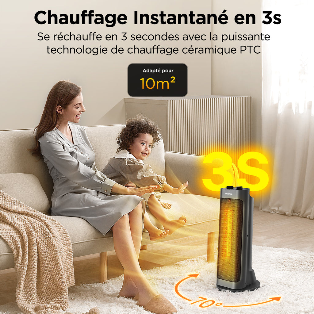 PELONIS chauffage soufflant céramique PTC 2000 W, chauffe rapide en 3 secondes, oscillation à 70°, arrêt en cas de basculement + protection contre la surchauffe, design portable