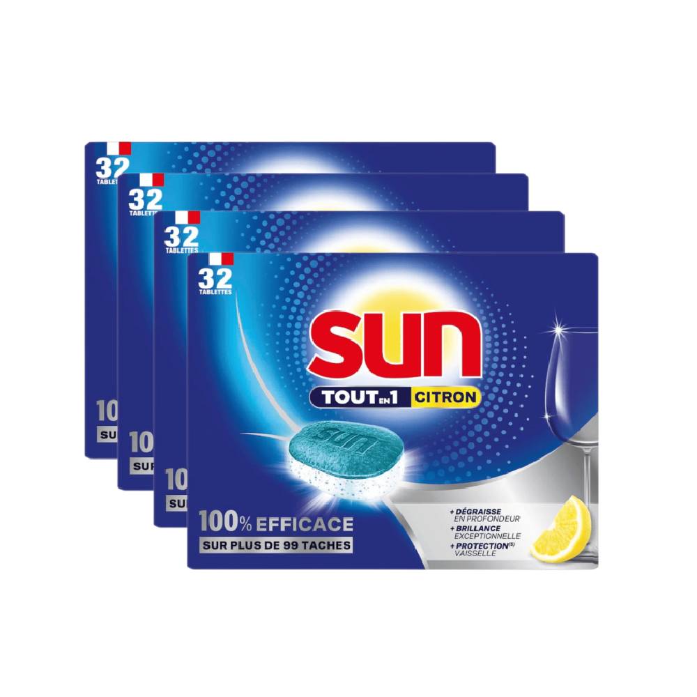 Sun Tout-en-1 Citron Tablettes Lave-Vaisselle Lot de 4 x 32 (= 128 Tablettes)