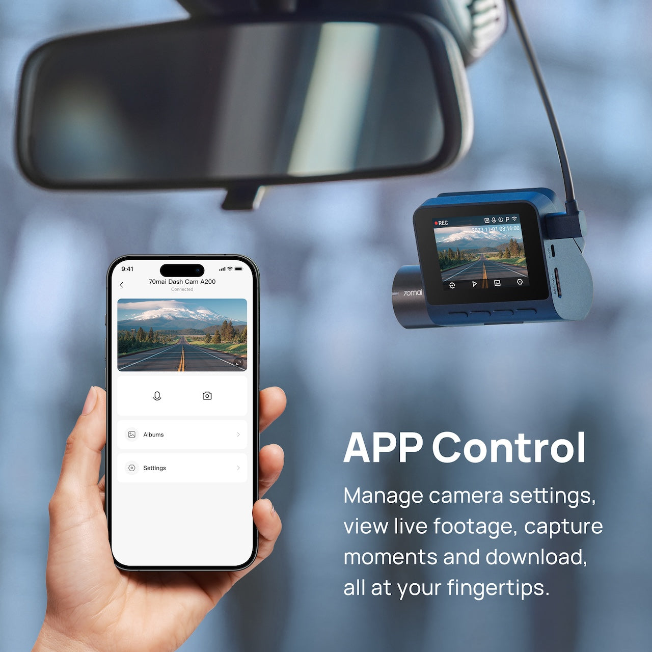 Dashcam 70mai A200-1, Double Caméra 1080P HDR Avant et Arrière, Enregistrement Fluide 60 FPS (Avant), 70mai Night Owl Vision, FOV 130°, Écran IPS 2'', Contrôle via App WiFi