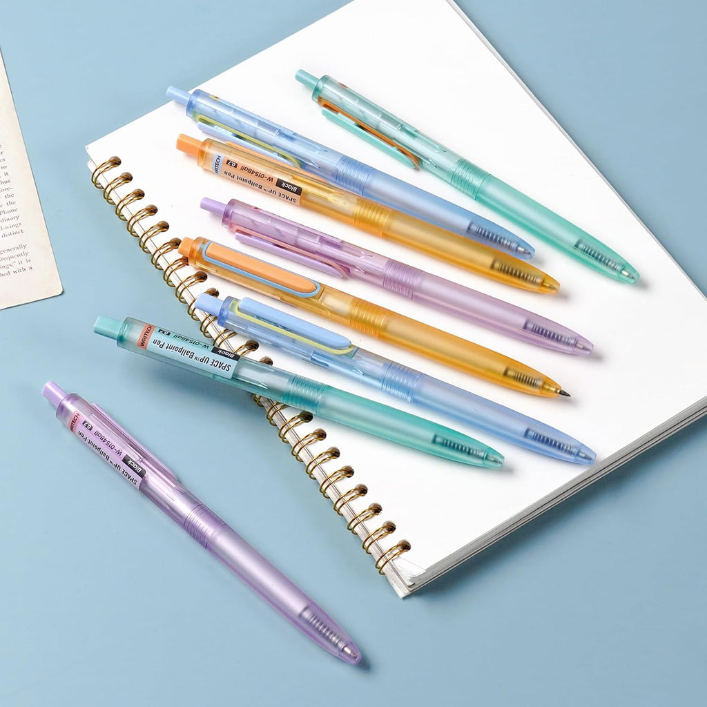 WRITECH Lot de 8 stylos à bille Space Up couleur pastel rétractables encre noire pointe fine 0,7 mm écriture ultra fluide encre à faible viscosité clic silencieux