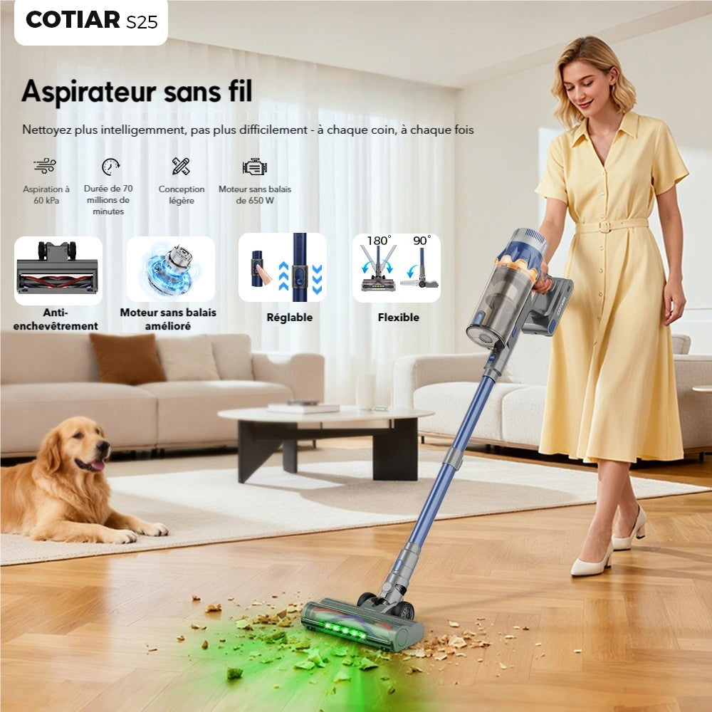 COTIAR S25 aspirateur à main sans fil, 650 W, 60 kPa, forte puissance d’aspiration, autonomie 70 min, batterie amovible, bleu