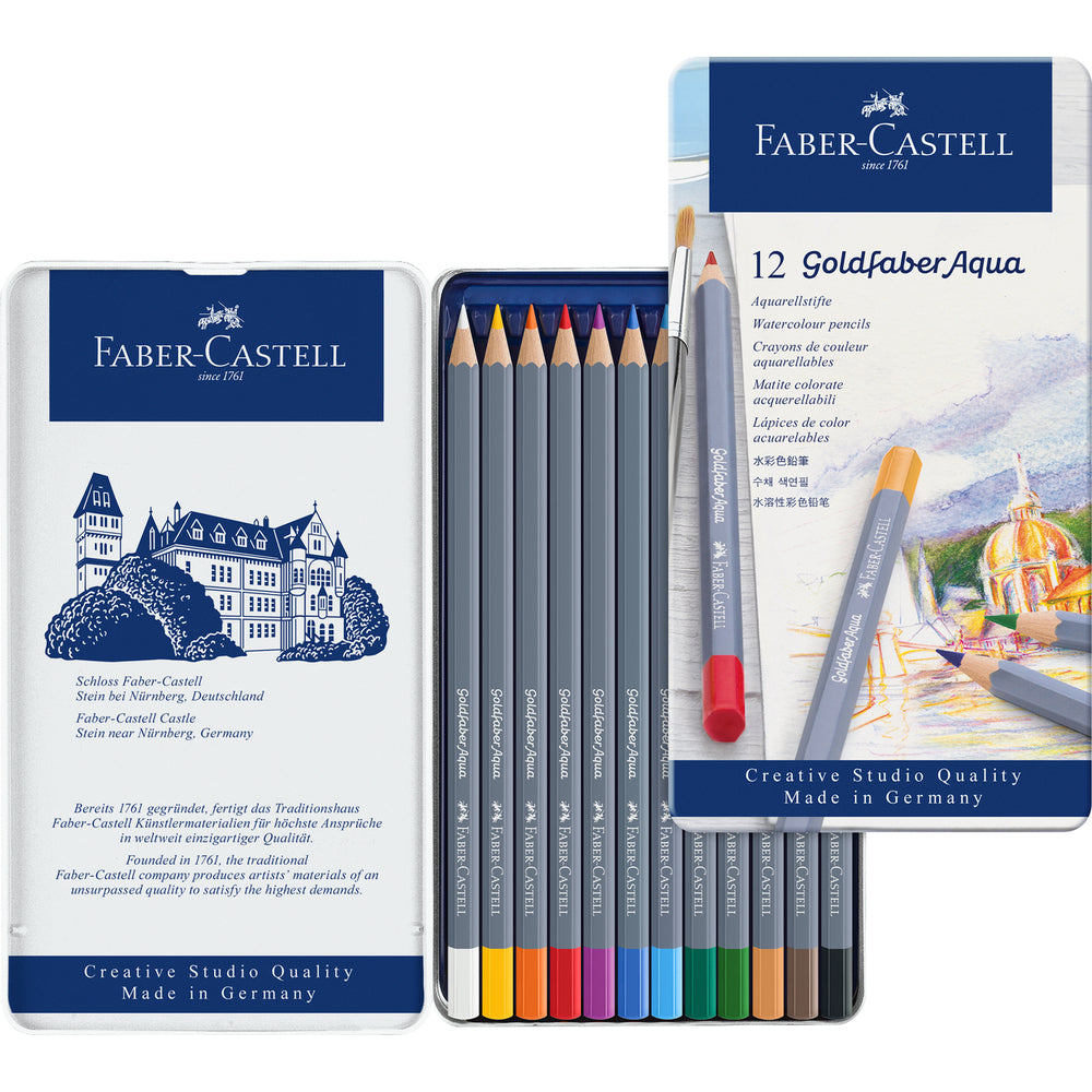 Faber-Castell Goldfaber Aqua Boîte métal de 12 crayons de couleur aquarellables