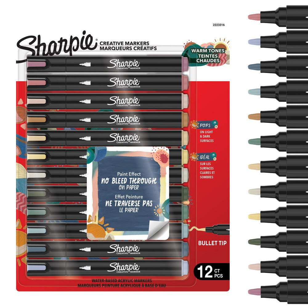 Sharpie Feutres acrylique | Pointe ogive | Feutres de coloriage adulte idéal pour coloriage mystère, dessiner etc. | Encre anti-bavures à base d’eau | Teintes Chaudes | Lot de 12