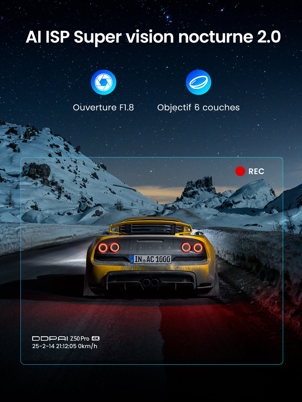 Caméra embarquée DDPAI Z50 Pro avant et arrière 4K+1080P, caméra de voiture, Wi-Fi 6 5G et GPS intégrés, écran 3", vision nocturne super, prise en charge ADAS