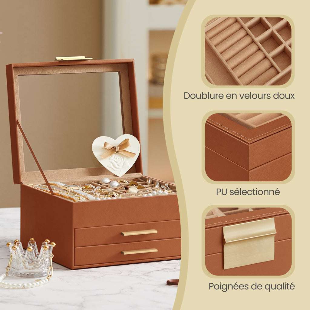 JOYFURNOS Boîte à Bijoux avec Couvercle en Verre, à 3 Niveaux, 2 Tiroirs, Marron et Doré