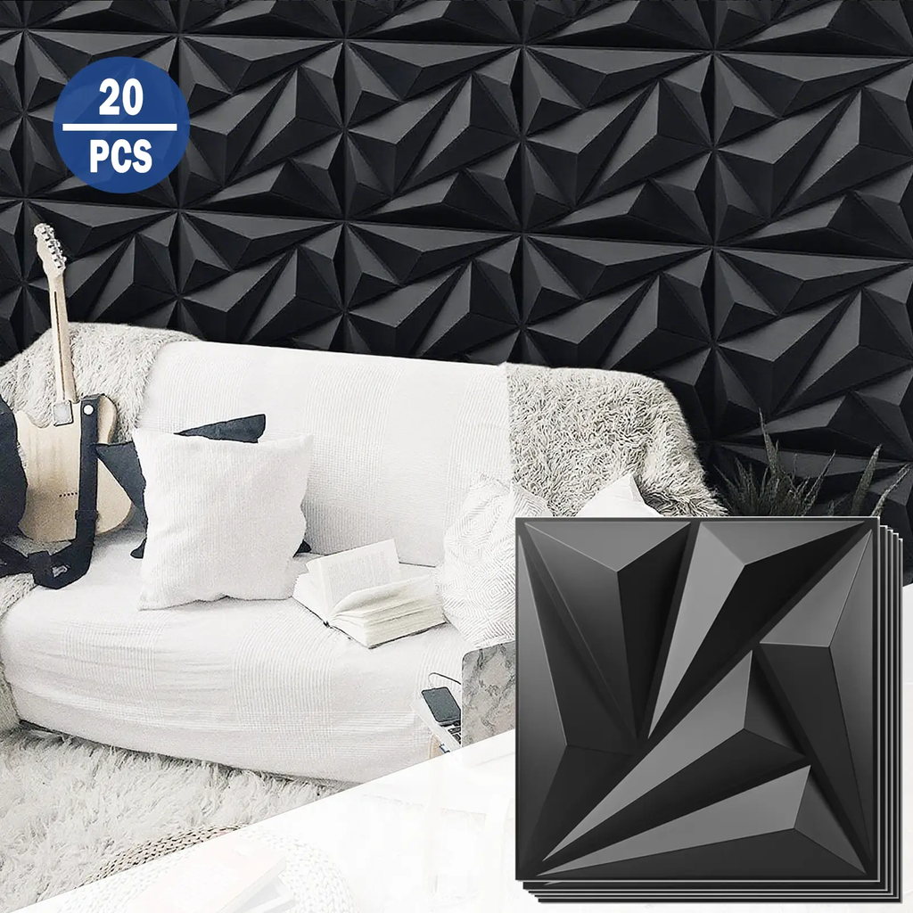 Art3d Panneaux muraux 3D en PVC Premium – Carrelages texturés modernes pour la décoration intérieure et de bureau (30 x 30 cm, Noir, Lot de 20)