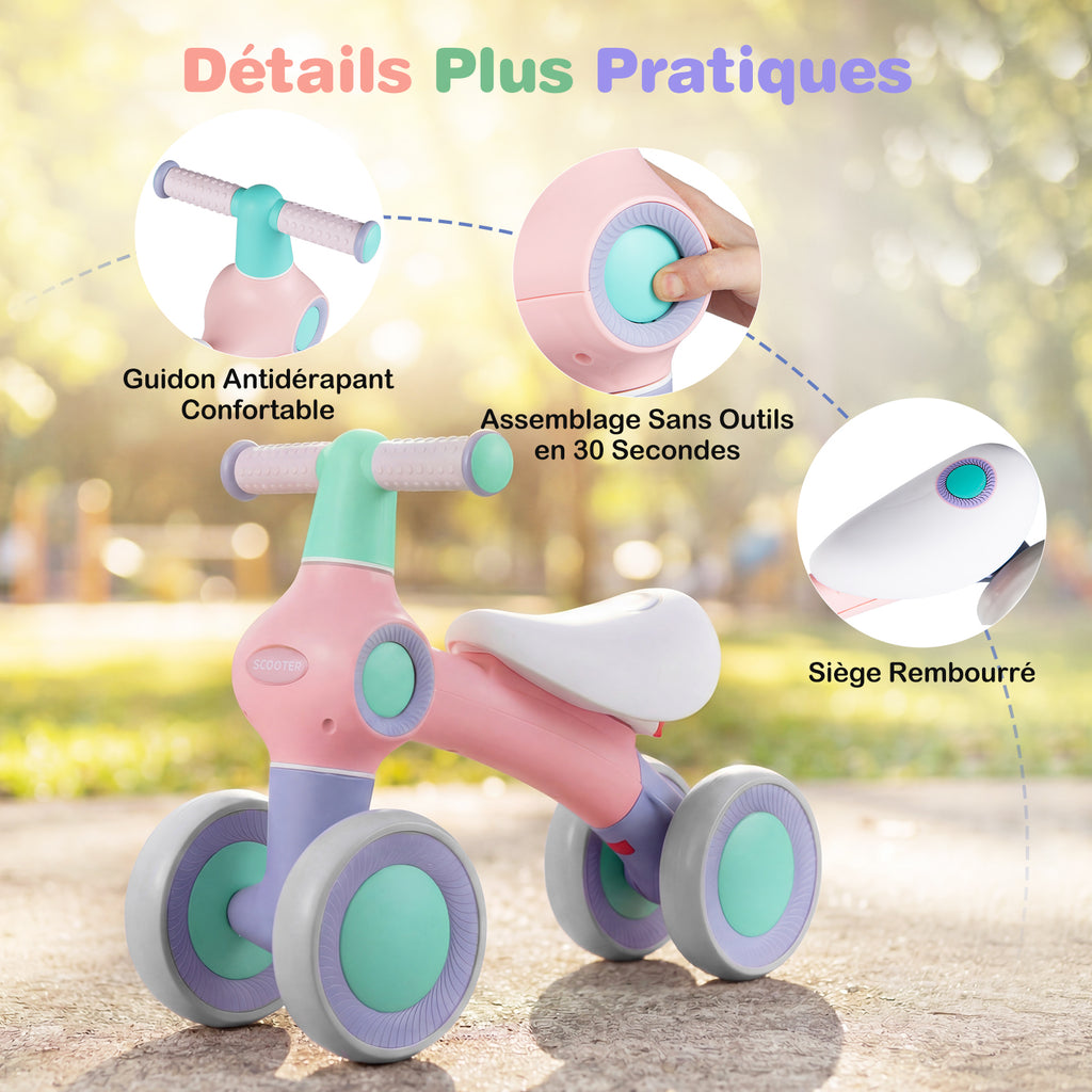 Draisienne pour bébé, siège rembourré réglable, 4 roues silencieuses, sans pédales, rose