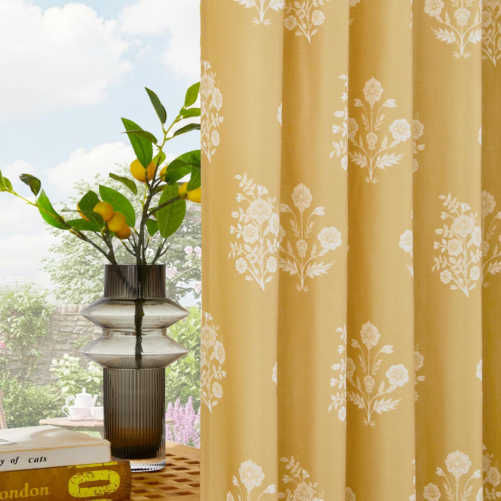 Rideaux PONY DANCE en Faux Lin Motif Floral, Style Campagne Française Automne, Occultants et Filtrants de Lumière pour Salon/Chambre/Salle à Manger/Bureau, Jaune Moutarde, 2 Panneaux 132x220cm