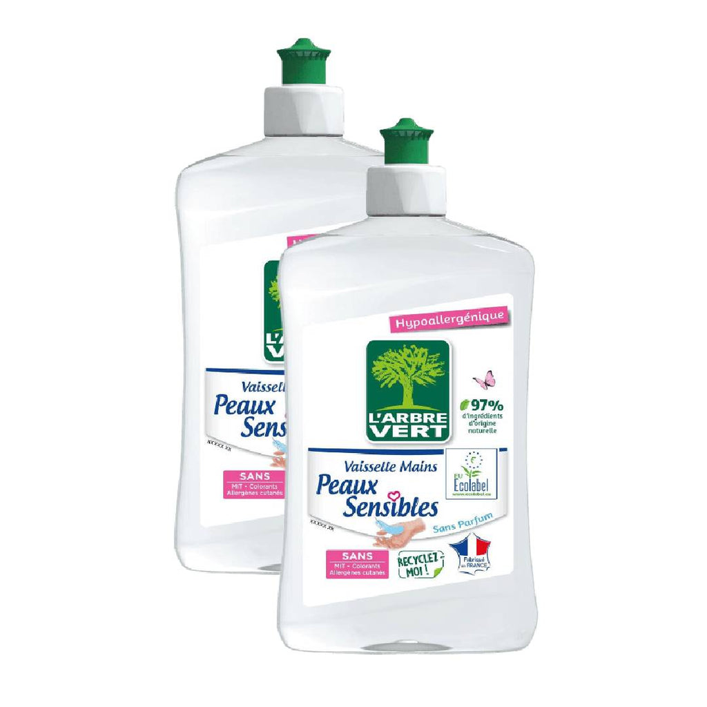 L'Arbre Vert Liquide Vaisselle Hypoallergénique, Peaux Sensibles, Sans Parfum, 2 x 500 ml (= 1 L)