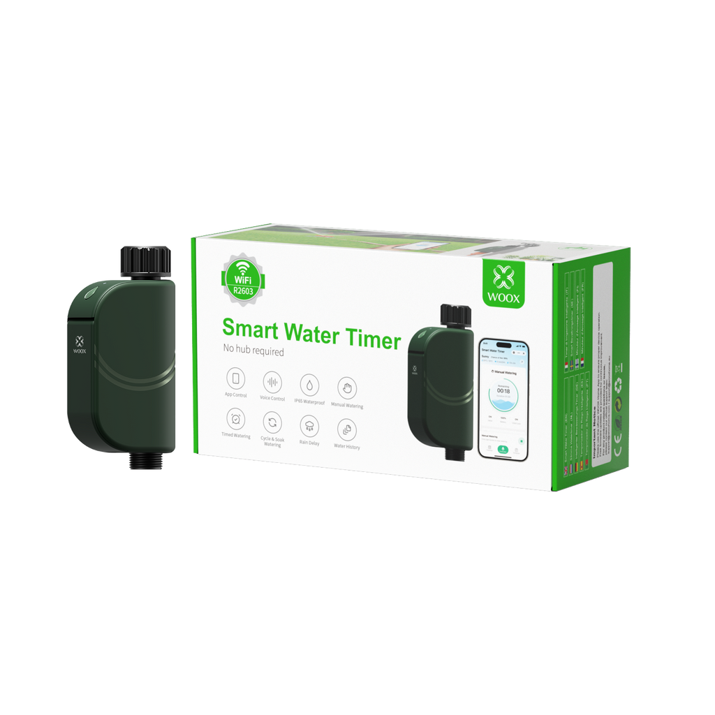 WOOX Minuteur d'arrosage intelligent R2603 Vert WiFi 6 2,4 GHz BLE 5,4 IP65 Contrôleur d'irrigation extérieur pour jardin Valves à solénoïde bistables Piles 4xAA Autonomie de 1,5 an 20 programmes Départ différé Anti-enfant Alexa Google 175x78x43,6 mm