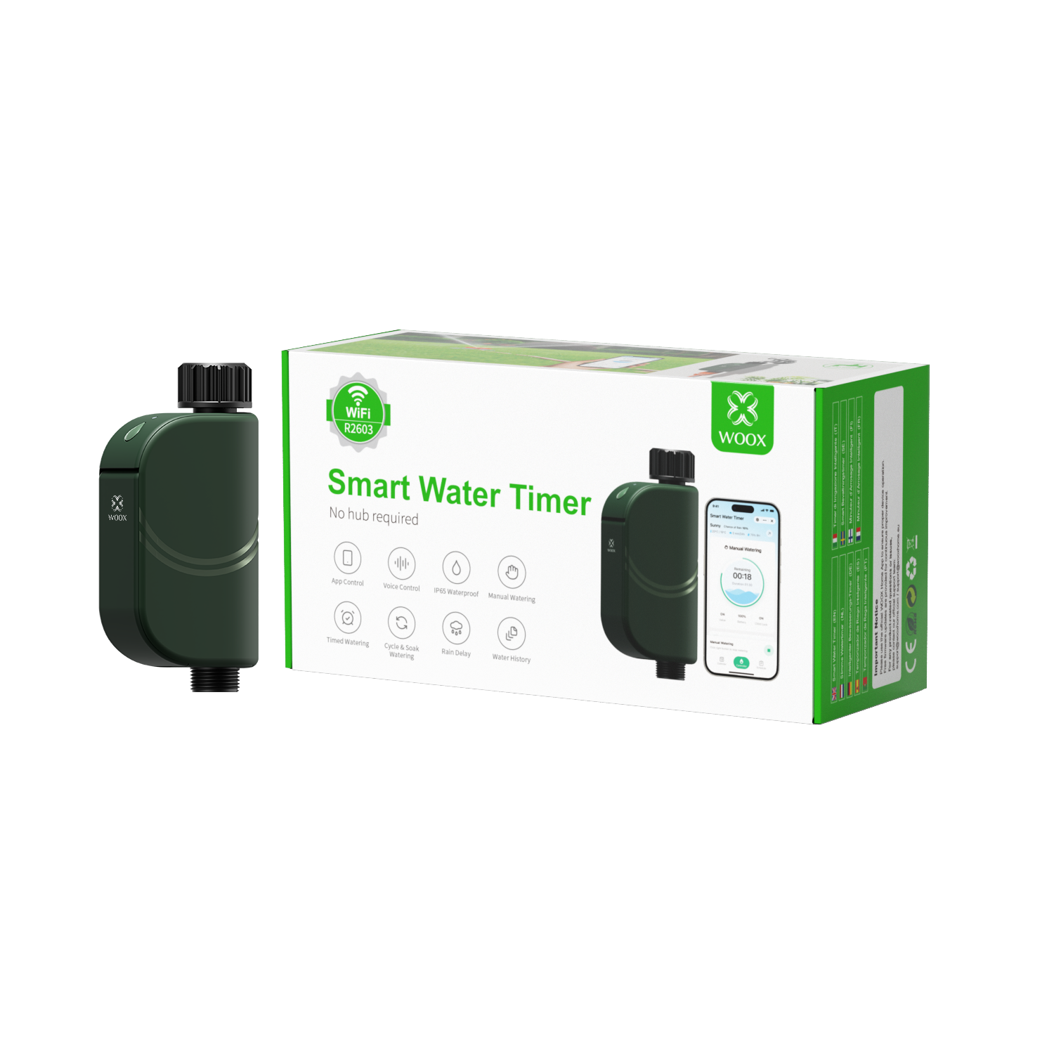 WOOX Minuteur d'arrosage intelligent R2603 Vert WiFi 6 2,4 GHz BLE 5,4 IP65 Contrôleur d'irrigation extérieur pour jardin Valves à solénoïde bistables Piles 4xAA Autonomie de 1,5 an 20 programmes Départ différé Anti-enfant Alexa Google 175x78x43,6 mm
