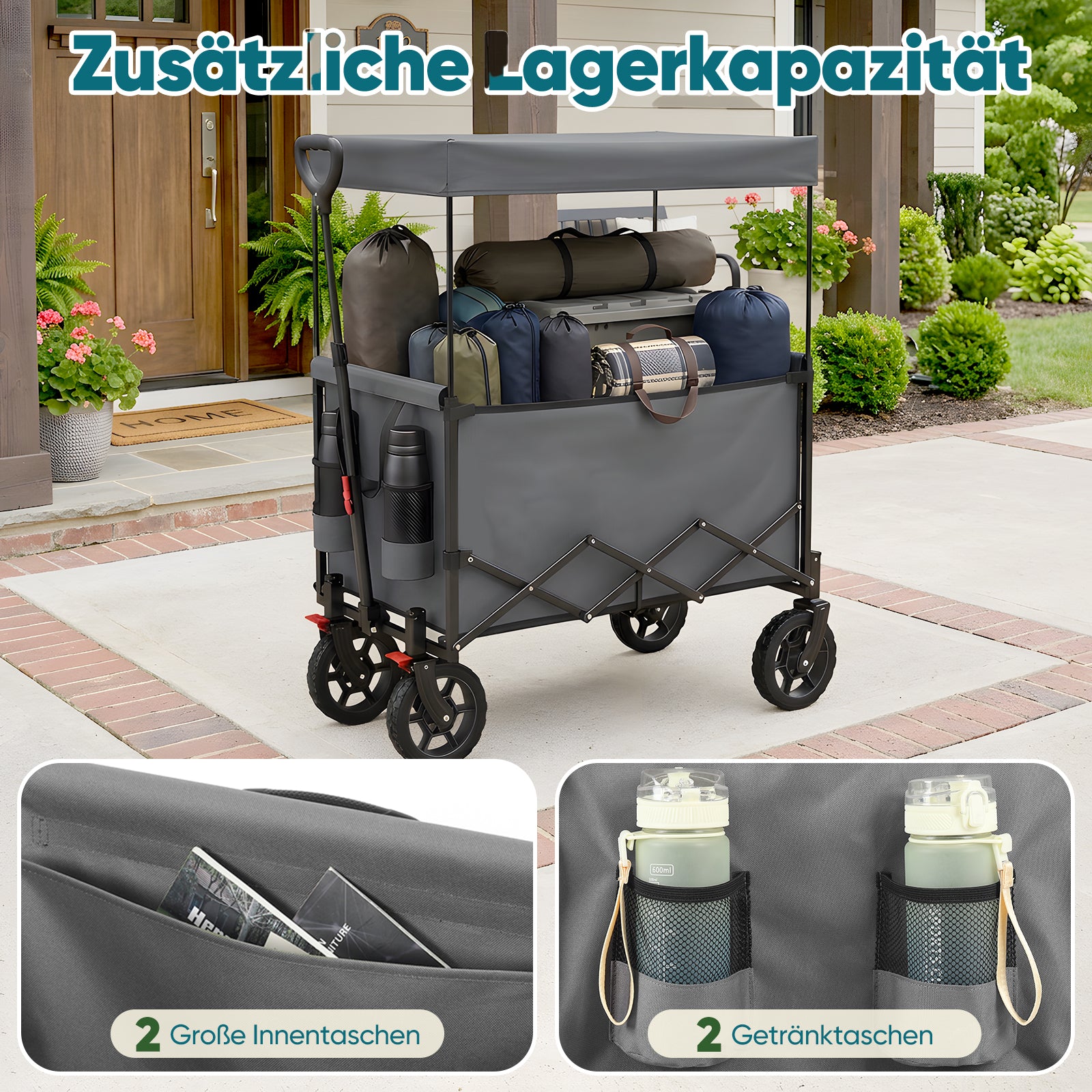 Sekey Grand chariot de camping pliable 150 L avec auvent amovible gris