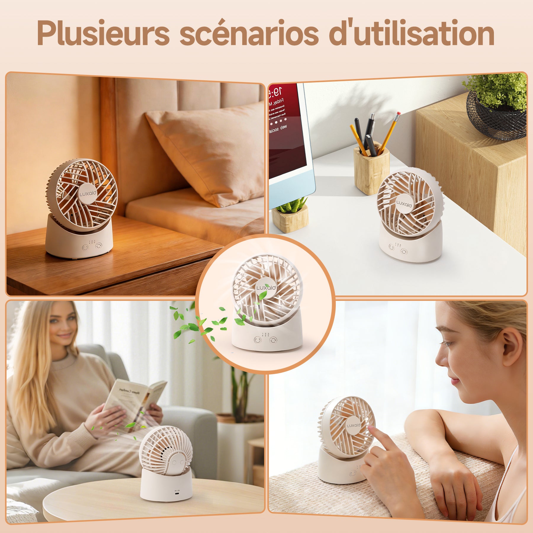 Luxaid Mini ventilateur de bureau, oscillation à 60°, 3 vitesses, batterie 1800 mAh avec chargement USB-C, autonomie continue de 8 h, compact et portable