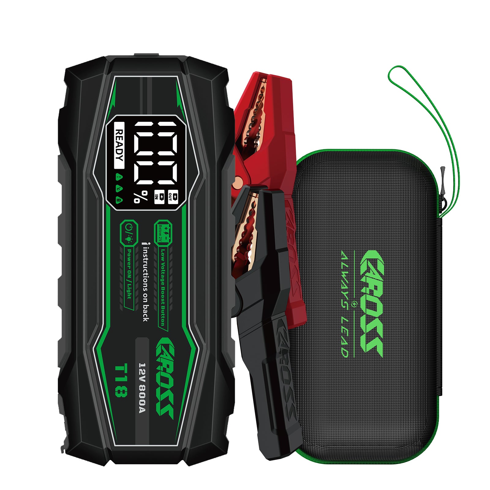 CAROSS Booster de démarrage portable 800 A et 12 V, avec batterie lithium-ion 10 000 mAh, protection anti-étincelles et contre l’inversion de polarité, fonction de boost